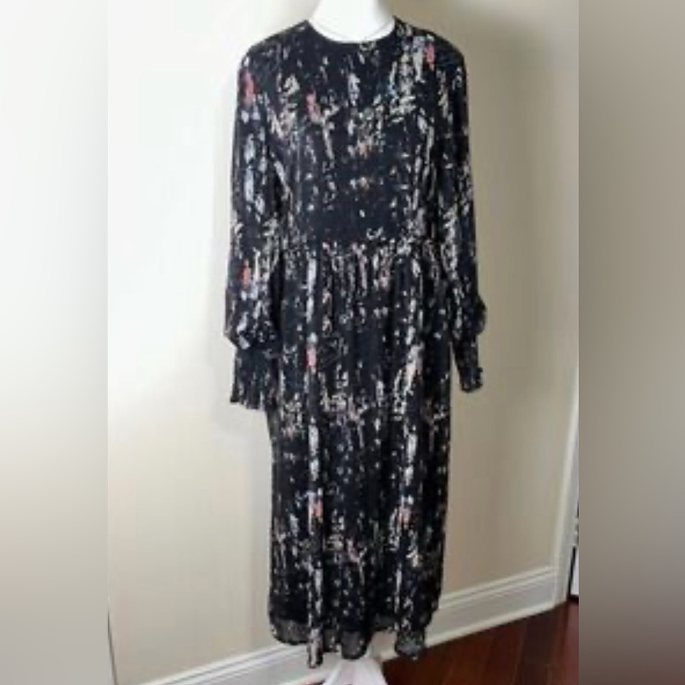 Creative Genius Beautiful Black Floral Long Sleeve Maxi Autumn Fall Dress Sz XS